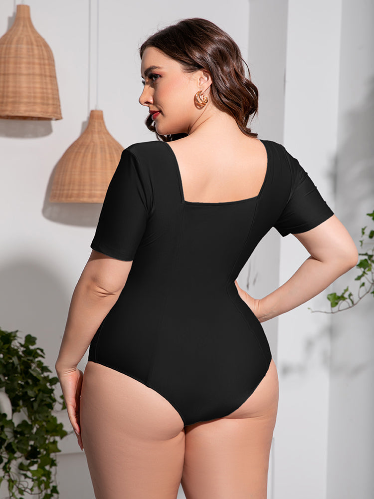 swvws Plus Size Scoop Neck Short Sleeve One-Piece Swimsuit