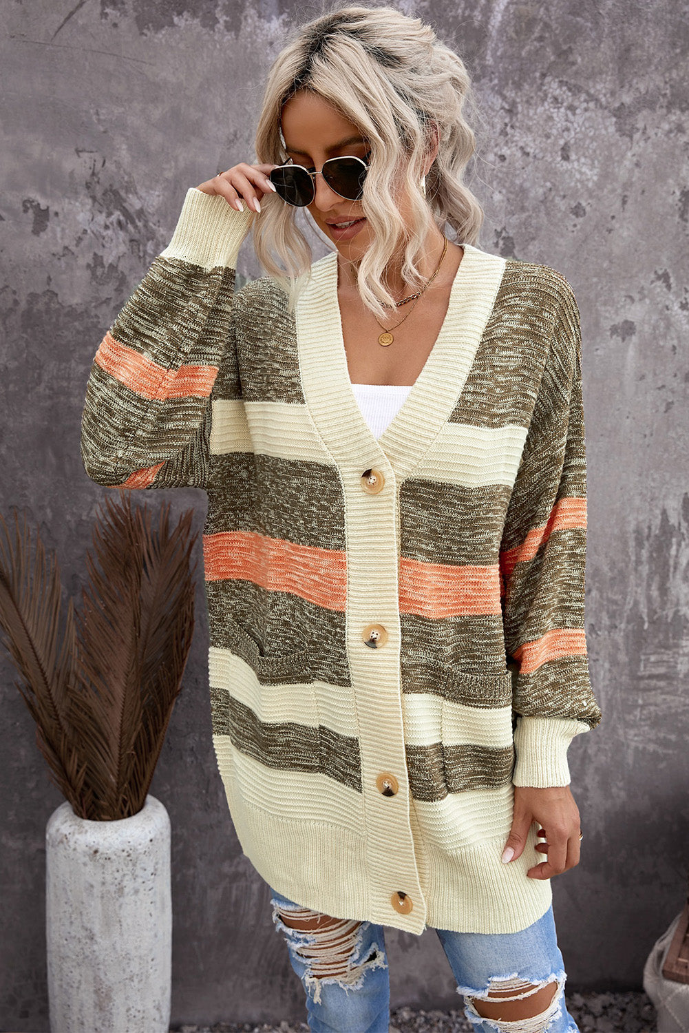 swvws Striped Button Down Longline Cardigan with Pockets