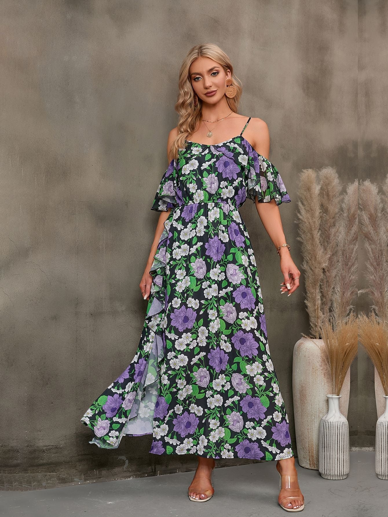 swvws Floral Spaghetti Strap Cold-Shoulder Slit Maxi Dress