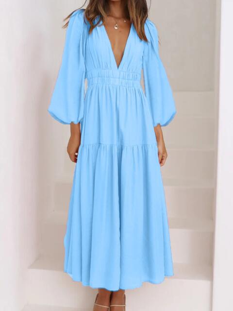 swvws Deep V-Neck Balloon Sleeve Plain Maxi Dress