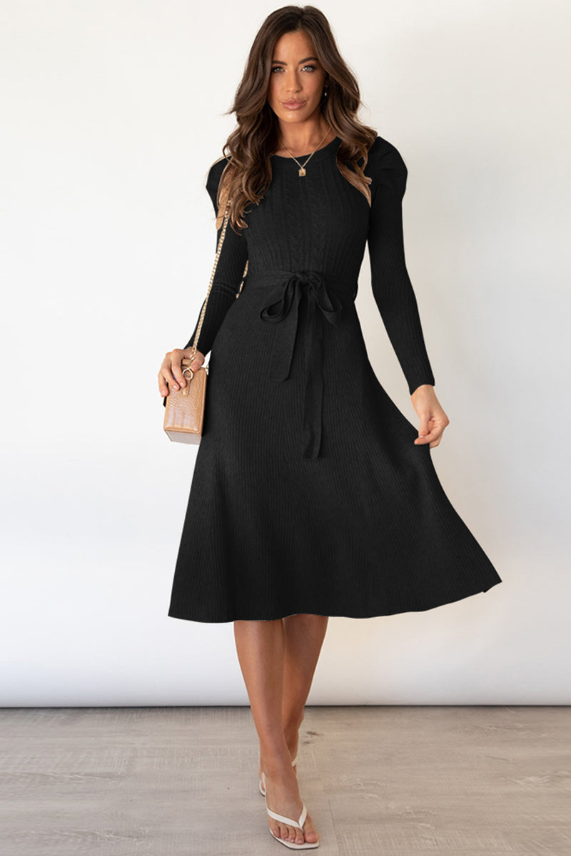 swvws Round Neck Long Sleeve Tie Waist Sweater Dress