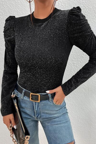 swvws Metallic Round Neck Puff Sleeve Blouse