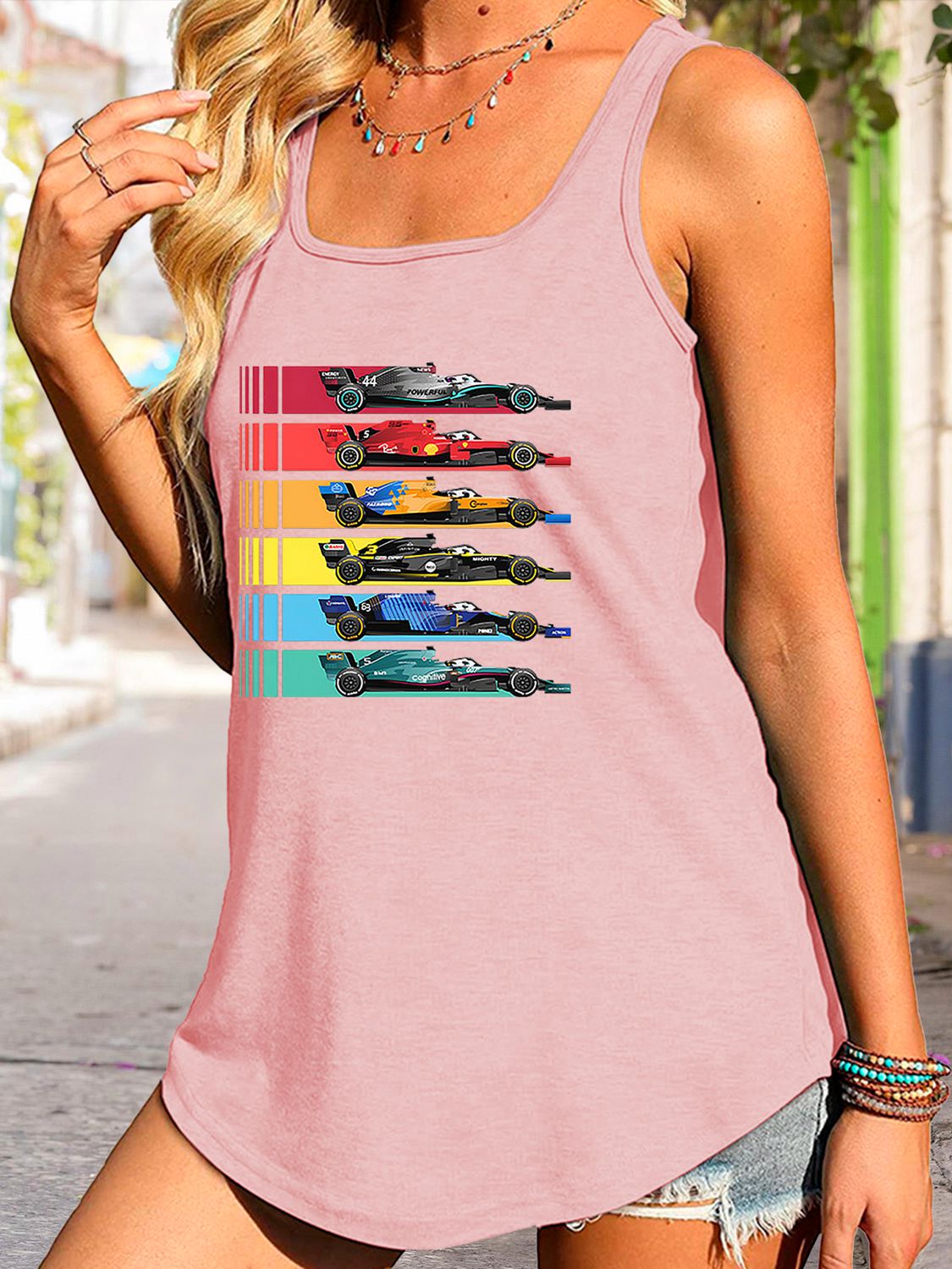 swvws Scoop Neck Race Car Graphic Tank Top