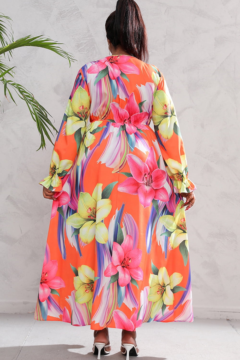 swvws Plus Size Printed Flounce Sleeve Maxi Dress