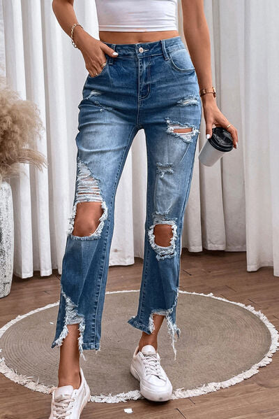 swvws Distressed Raw Hem Straight Jeans