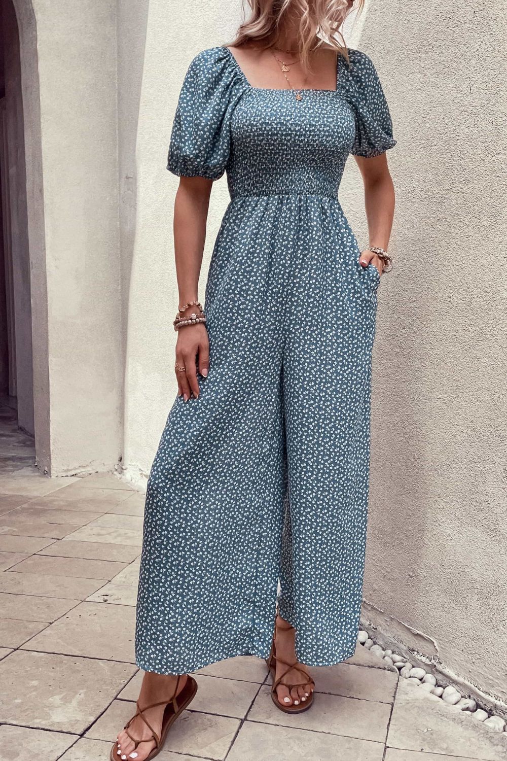 swvws Printed Square Neck Jumpsuit with Pockets