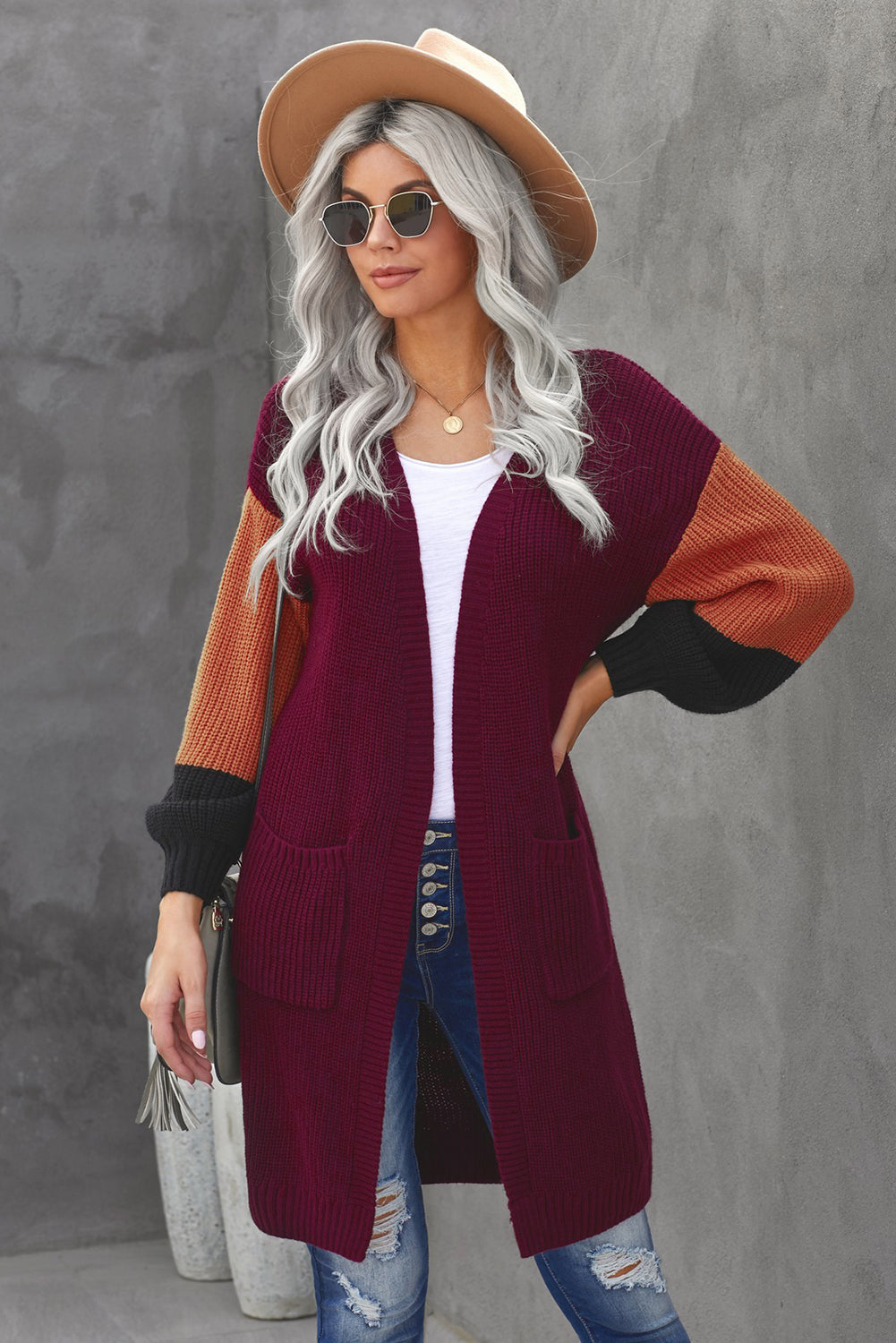 swvws Color Block Rib-Knit Longline Cardigan with Front Pockets