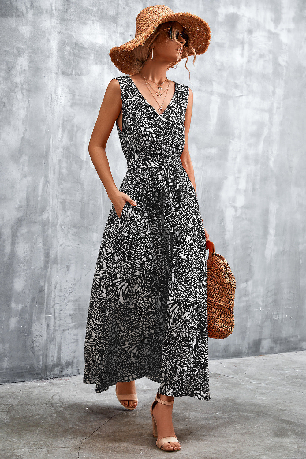 swvws Printed V-Neck Tie Waist Maxi Dress