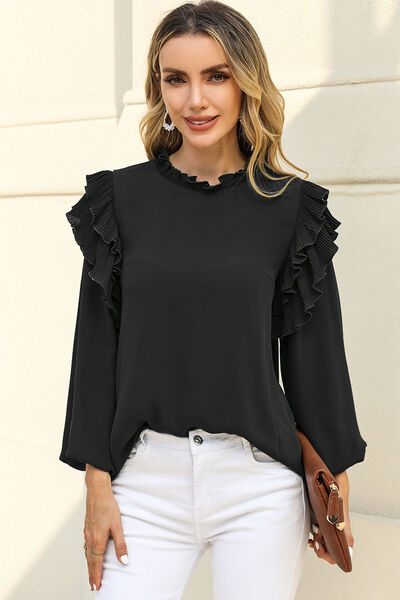 swvws Ruffled Round Neck Long Sleeve Blouse