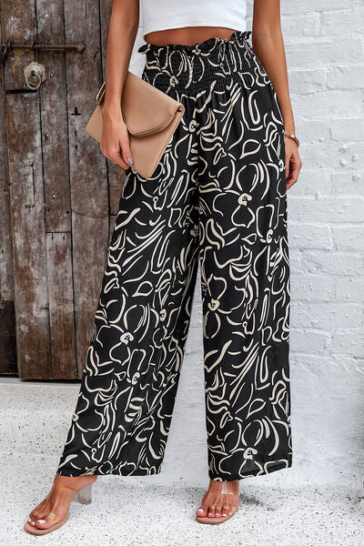 swvws Smocked Printed Wide Leg Pants with Pockets