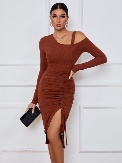 swvws Ribbed Ruched Drawstring Wrap Dress