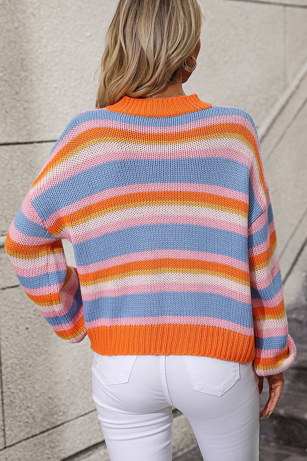 swvws Striped Round Neck Dropped Shoulder Sweater