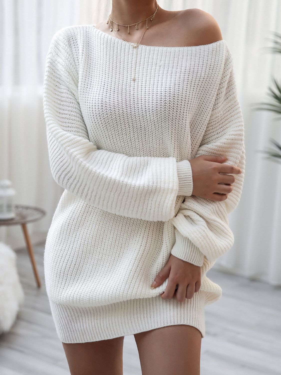 swvws Rib-Knit Balloon Sleeve Boat Neck Sweater Dress