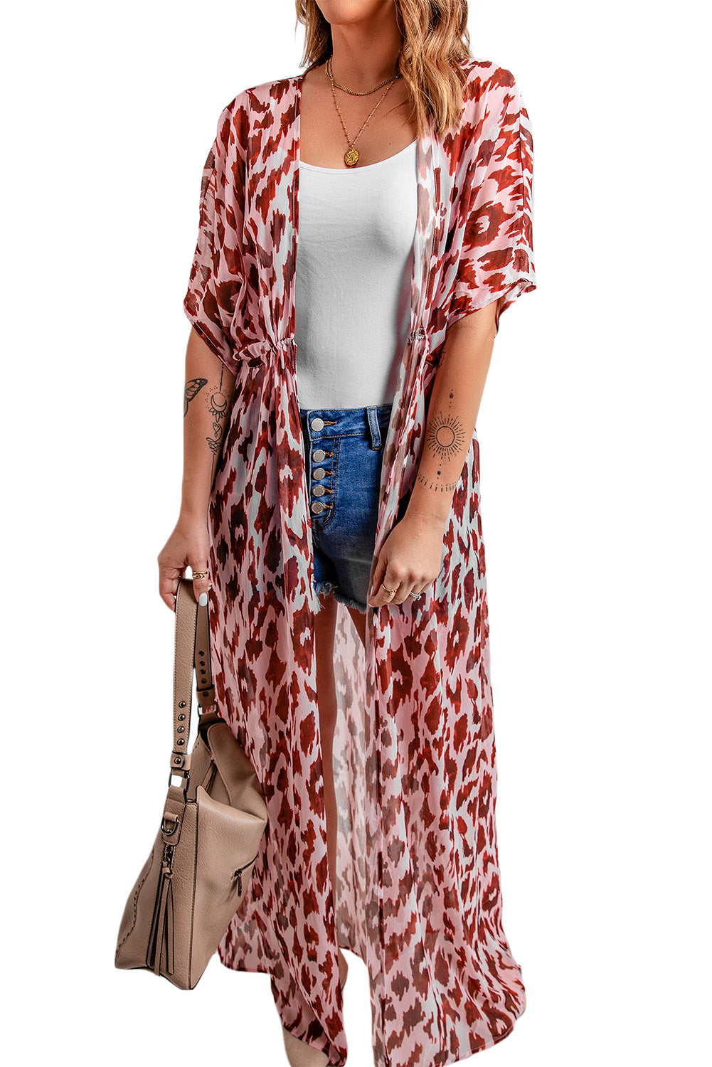 swvws Animal Print Half Sleeve Duster Cardigan