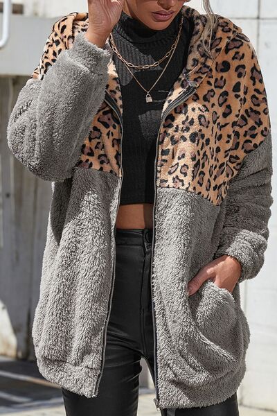 swvws Leopard Zip Up Dropped Shoulder Hoodie