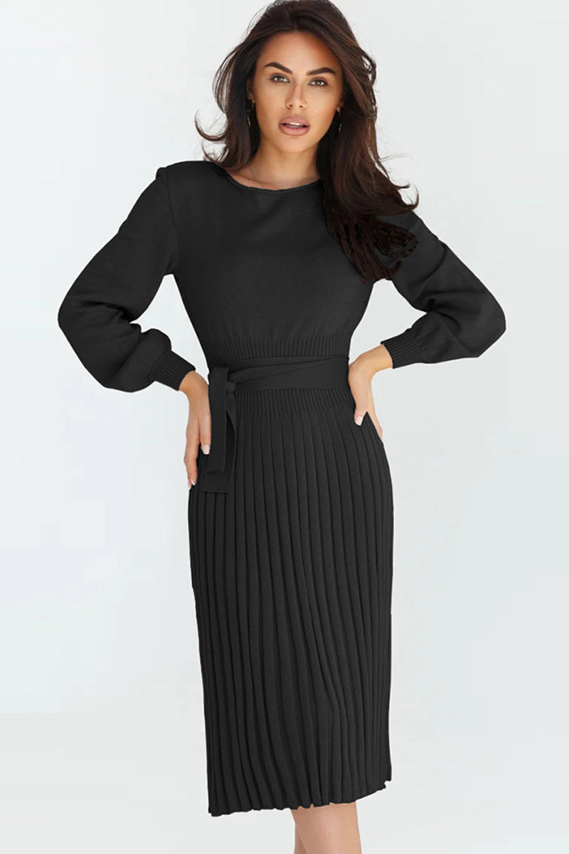 swvws Round Neck Long Sleeve Pleated Sweater Dress