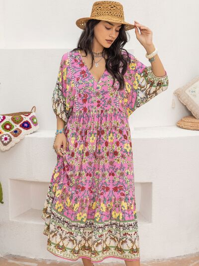 swvws Printed V-Neck Balloon Sleeve Dress