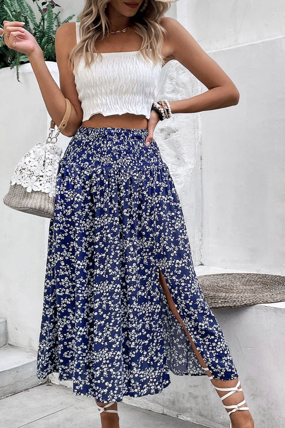 themeisles Ditsy Floral Slit High Waist Skirt