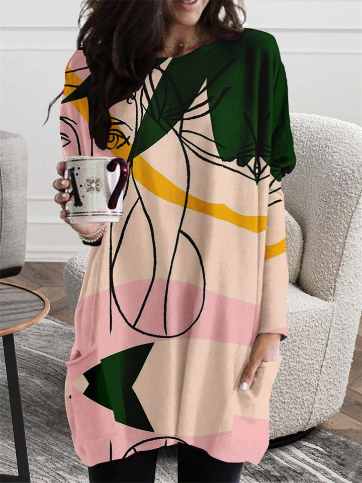 swvws Women's Plus Size T Shirt Dress Tee Dress Abstract Crew Neck Print Long Sleeve Winter Fall Casual Daily Vacation Dress