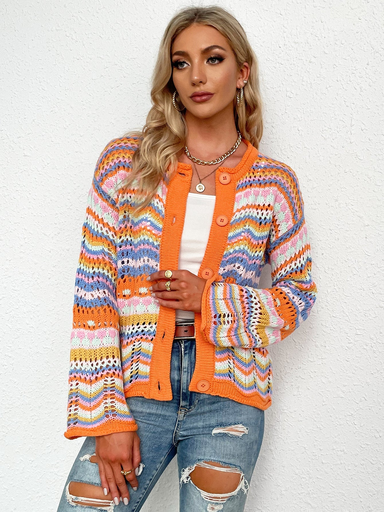 swvws Chevron Stripes Openwork Cardigan