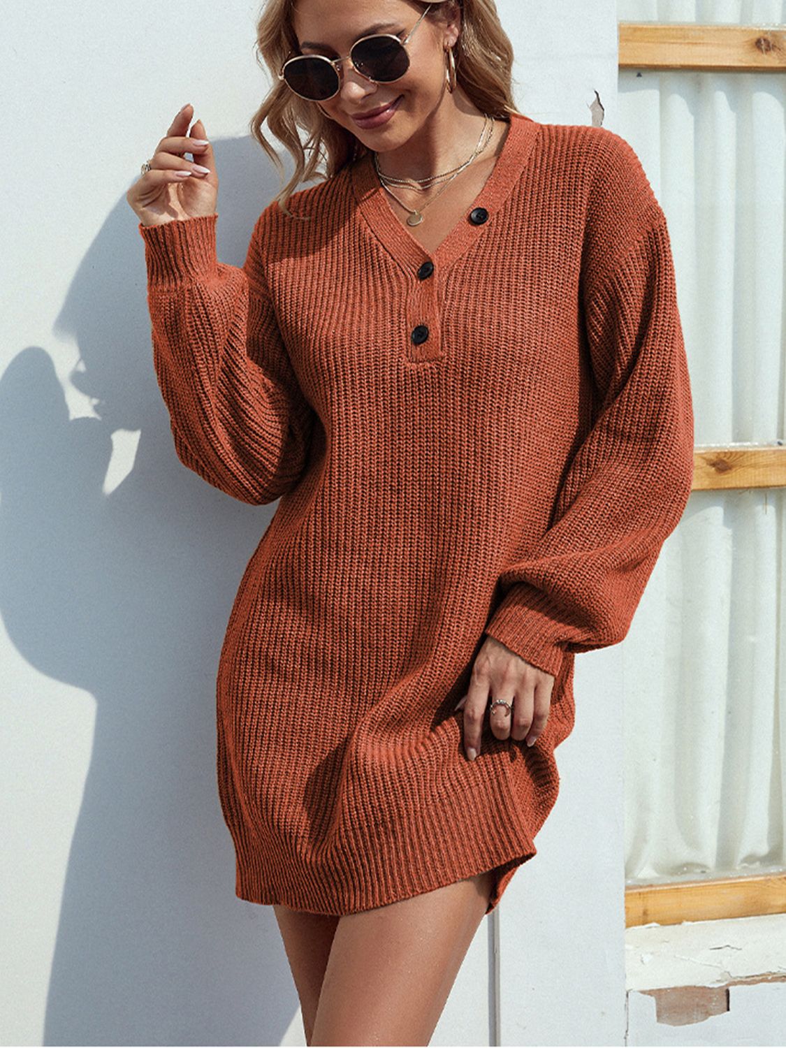 swvws Buttoned V-Neck Sweater Dress