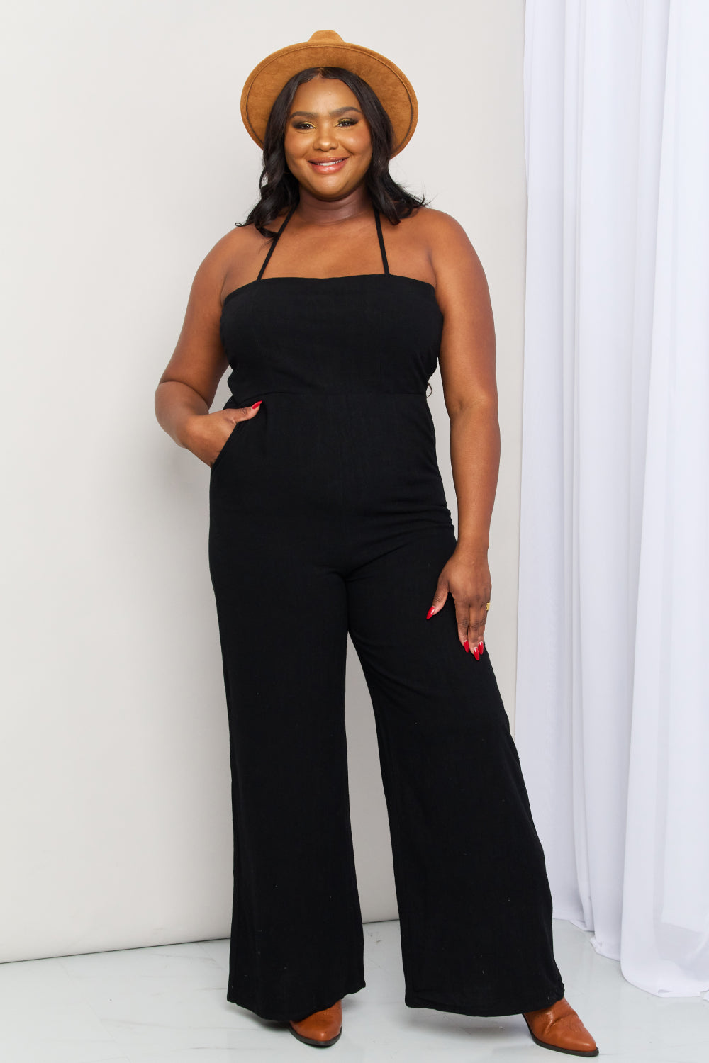 swvws White Birch Full Size Halter Neck Wide Leg Jumpsuit with Pockets