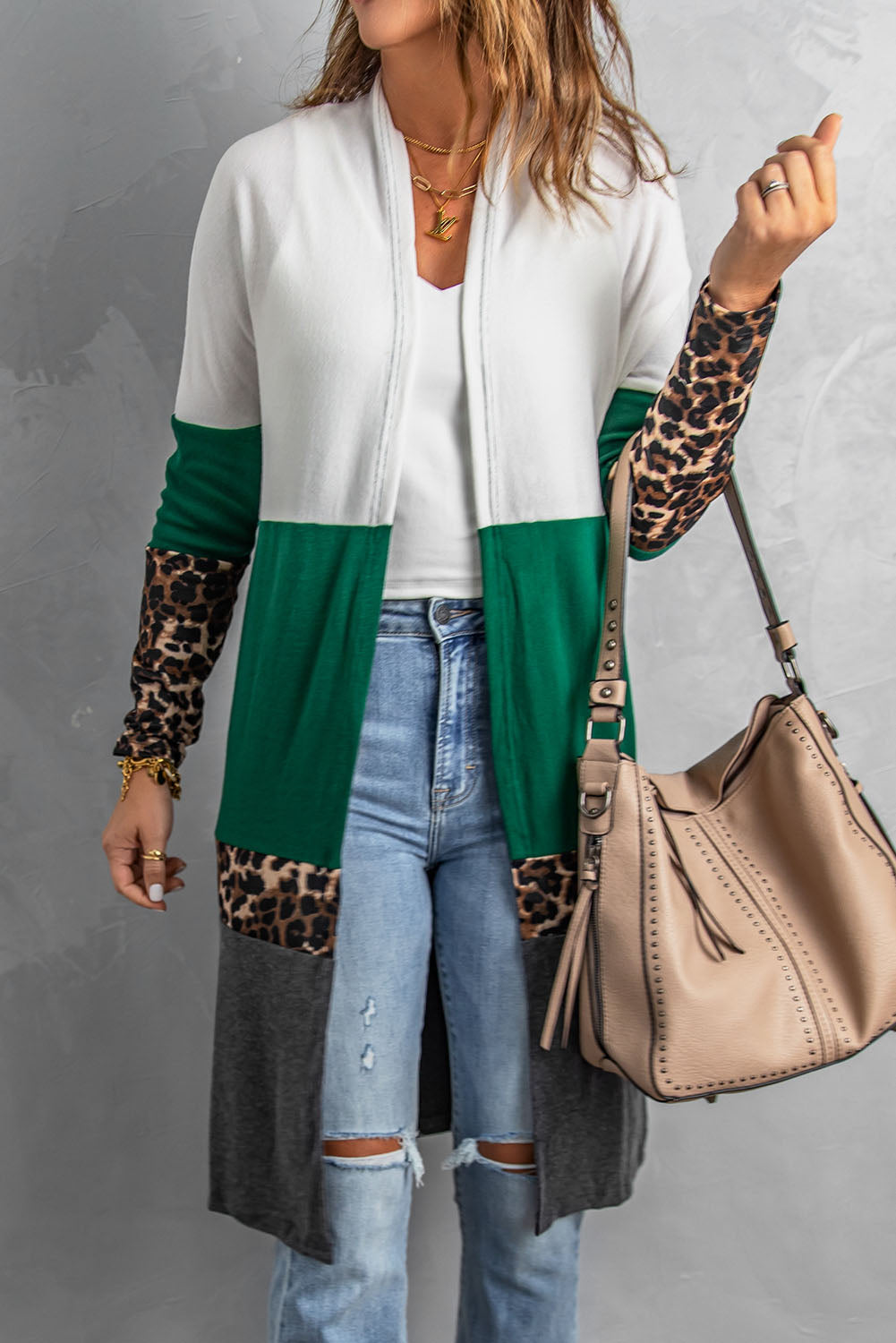 swvws Leopard Color Block Open Front Longline Cardigan