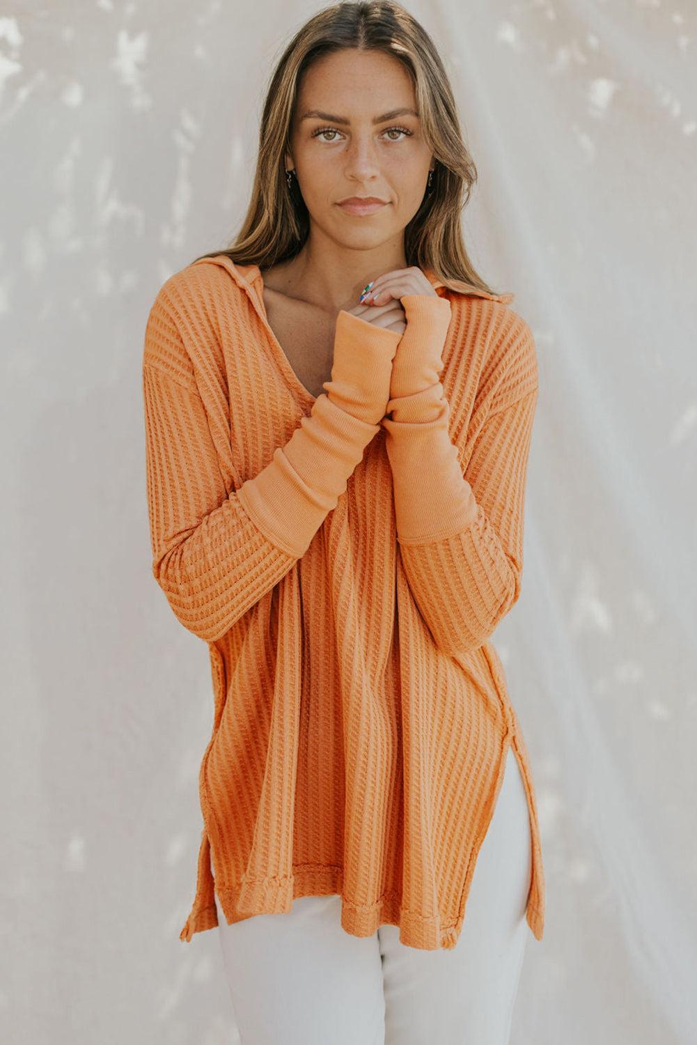 swvws Waffle-Knit Slit Drop Shoulder Top