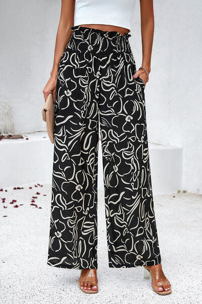 swvws Smocked Printed Wide Leg Pants with Pockets