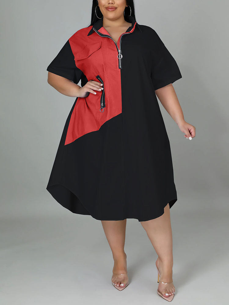 Sixsr Color Block Zip Up Shirt Dress