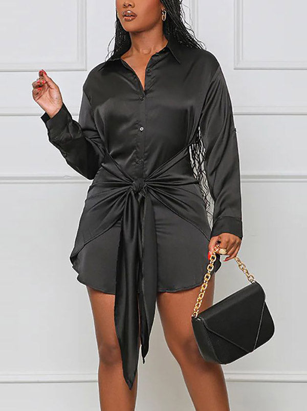 Sixsr Satin Tie Waist Shirts Dress