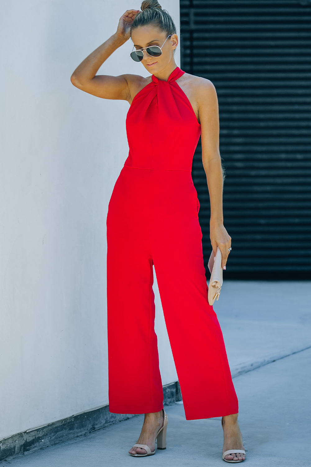 swvws Twisted Grecian Neck Wide Leg Jumpsuit