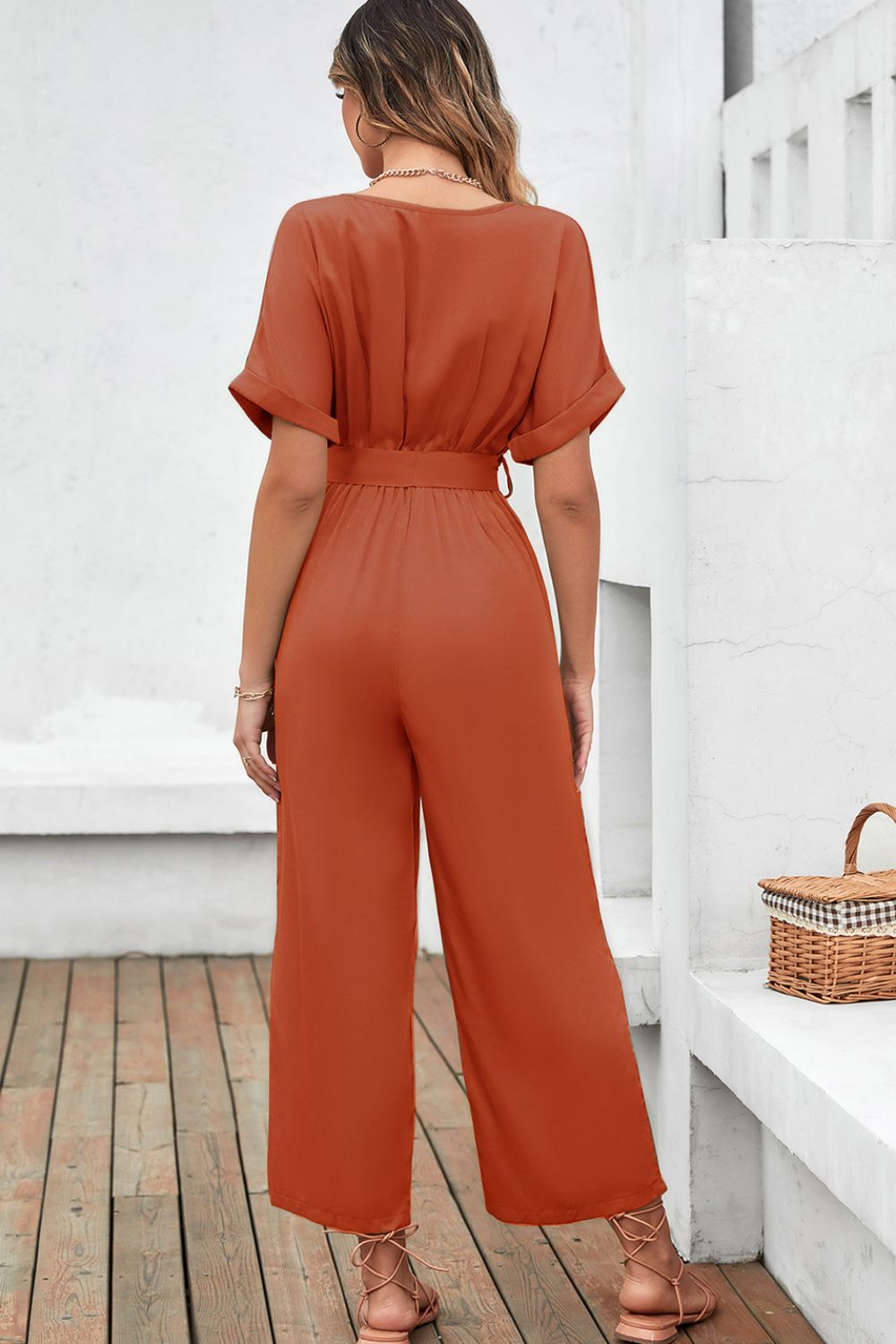 swvws Tie-Waist Surplice Wide Leg Jumpsuit