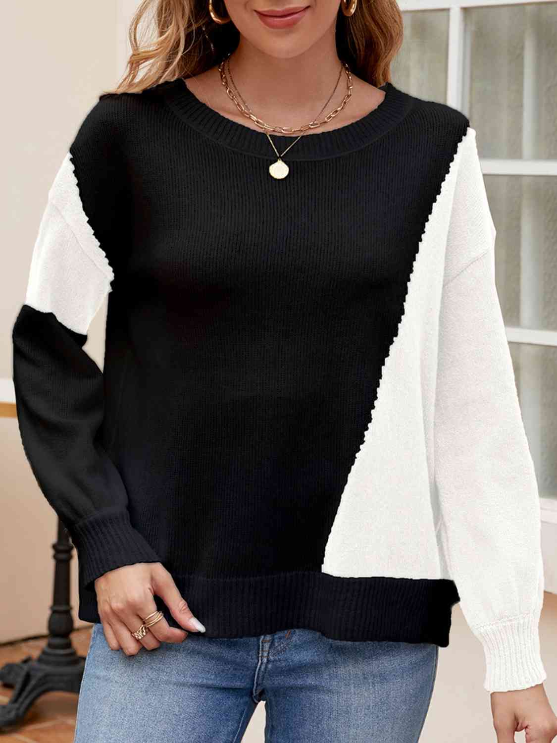 swvws Contrast Round Neck Long Sleeve Knit Top