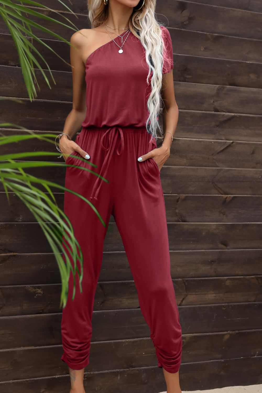 swvws Drawstring Waist One-Shoulder Jumpsuit with Pockets