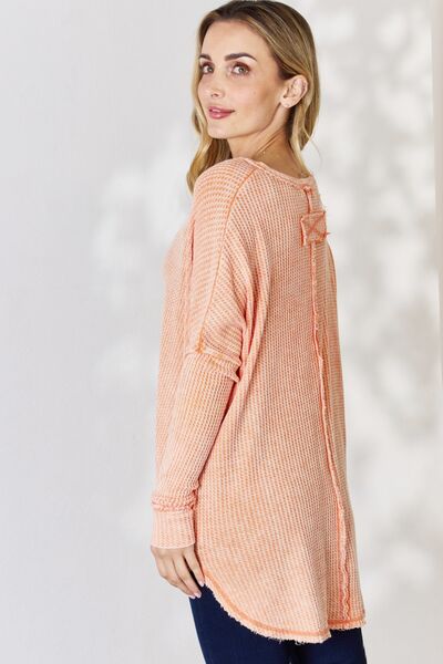 swvws Zenana Oversized Washed Waffle Long Sleeve Top