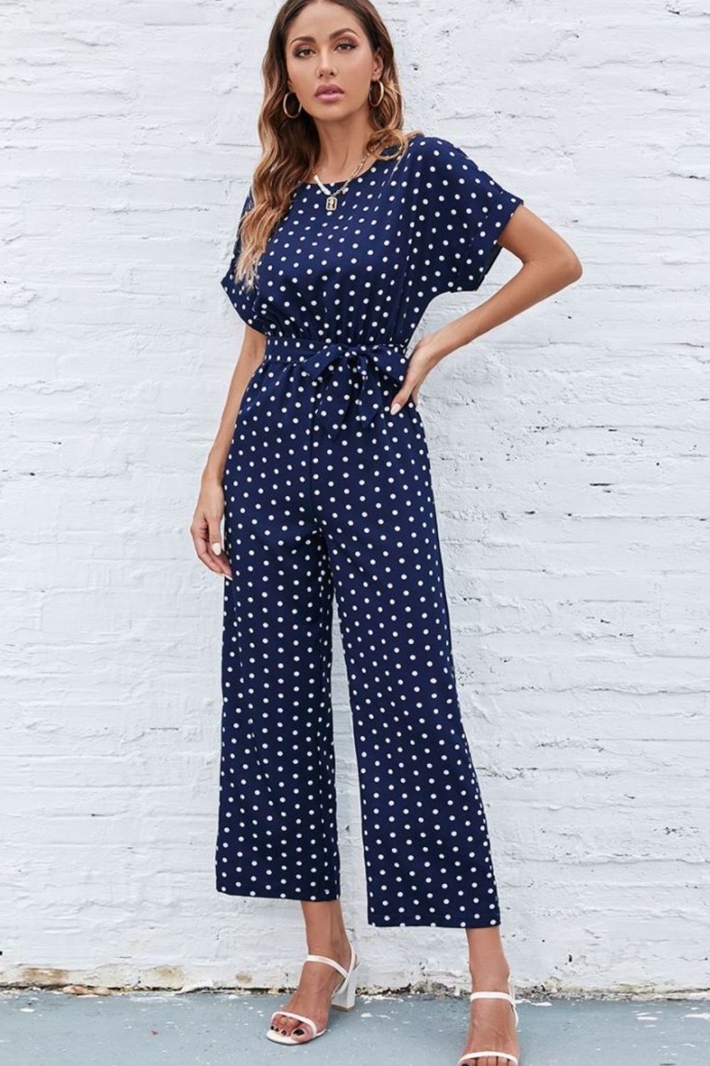 swvws Polka Dot Round Neck Cutout Jumpsuit