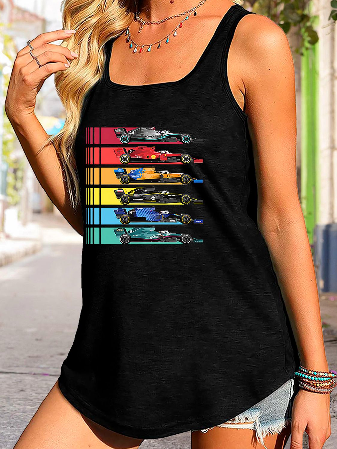 swvws Scoop Neck Race Car Graphic Tank Top