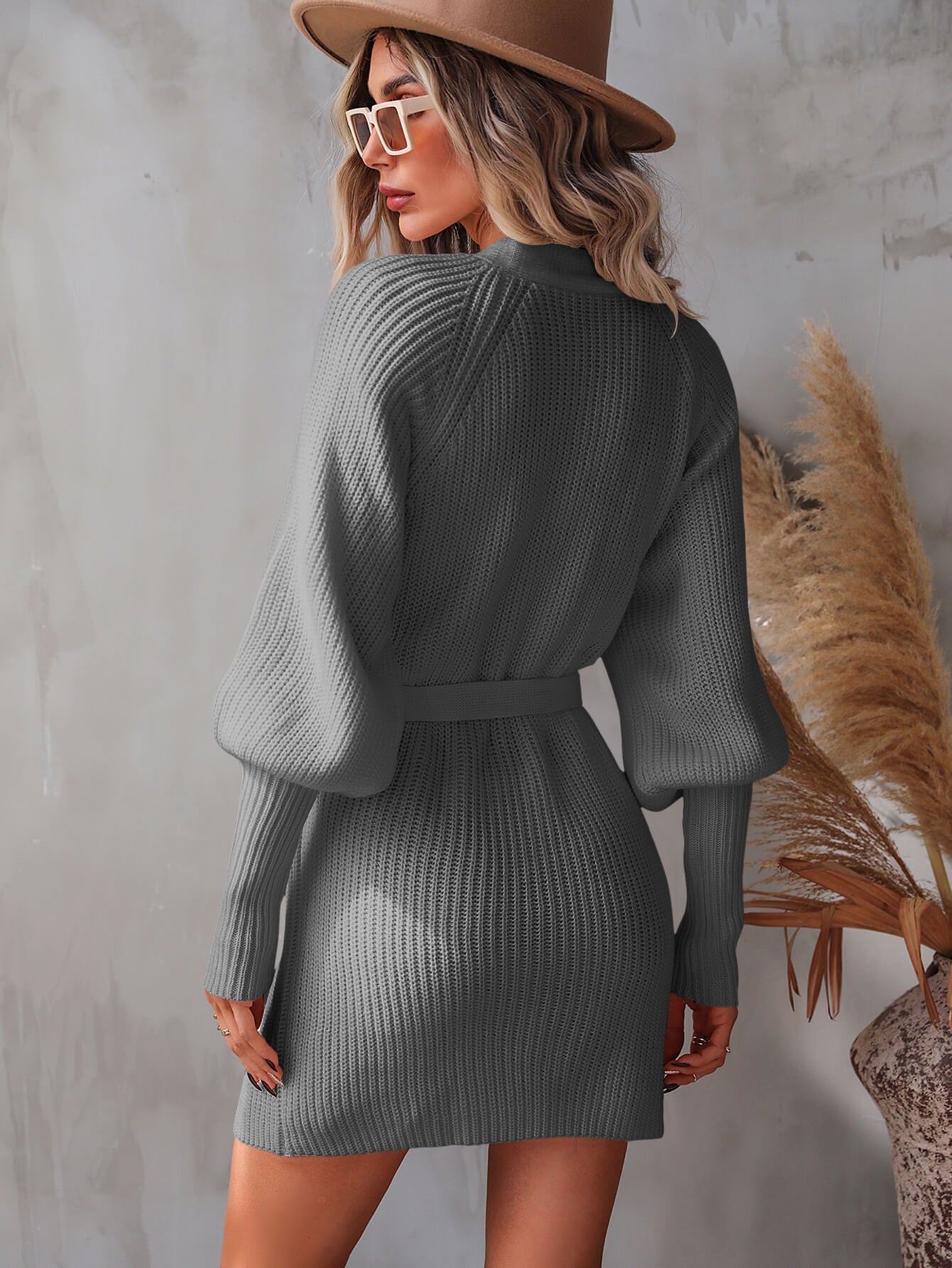 swvws Belted Surplice Lantern Sleeve Wrap Sweater Dress