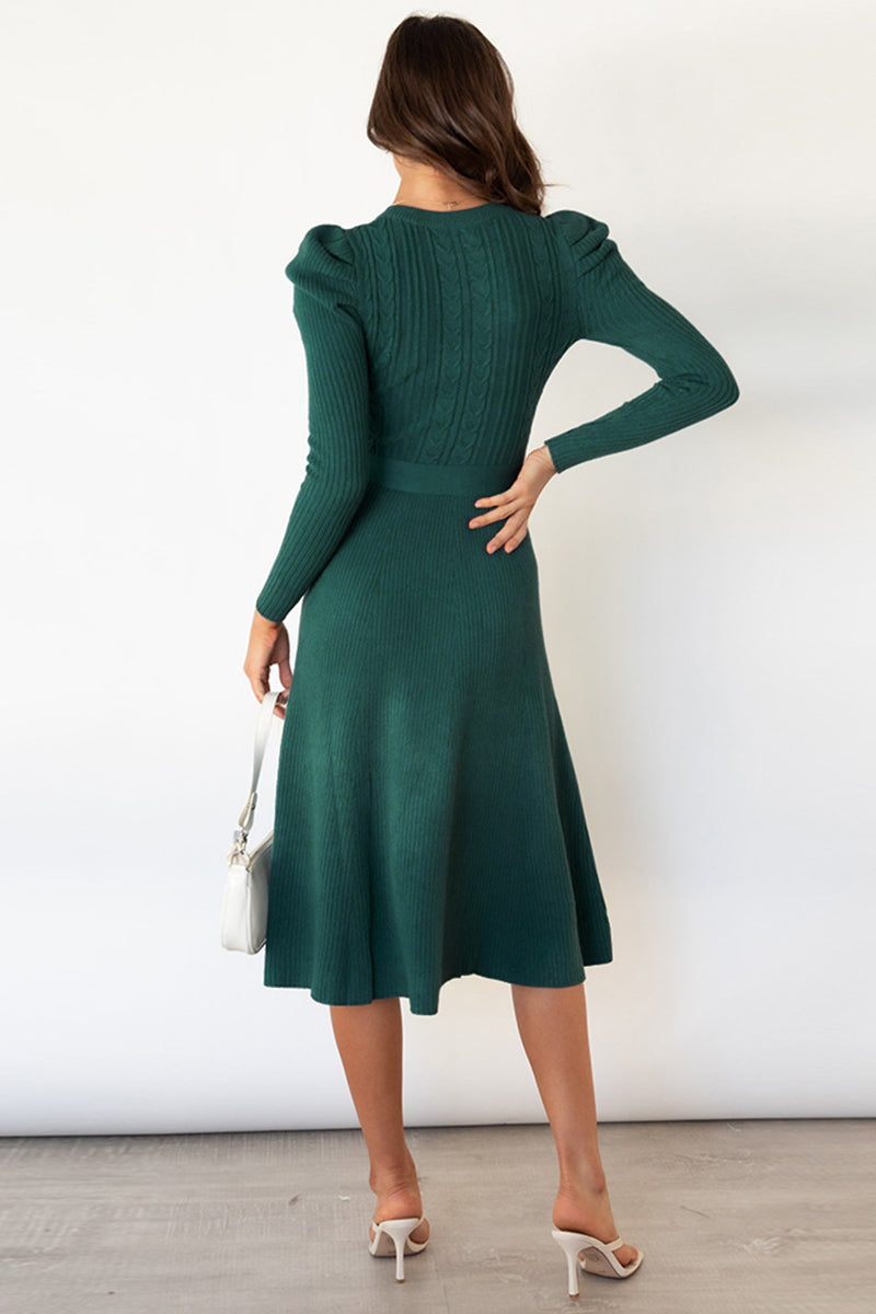 swvws Round Neck Long Sleeve Tie Waist Sweater Dress