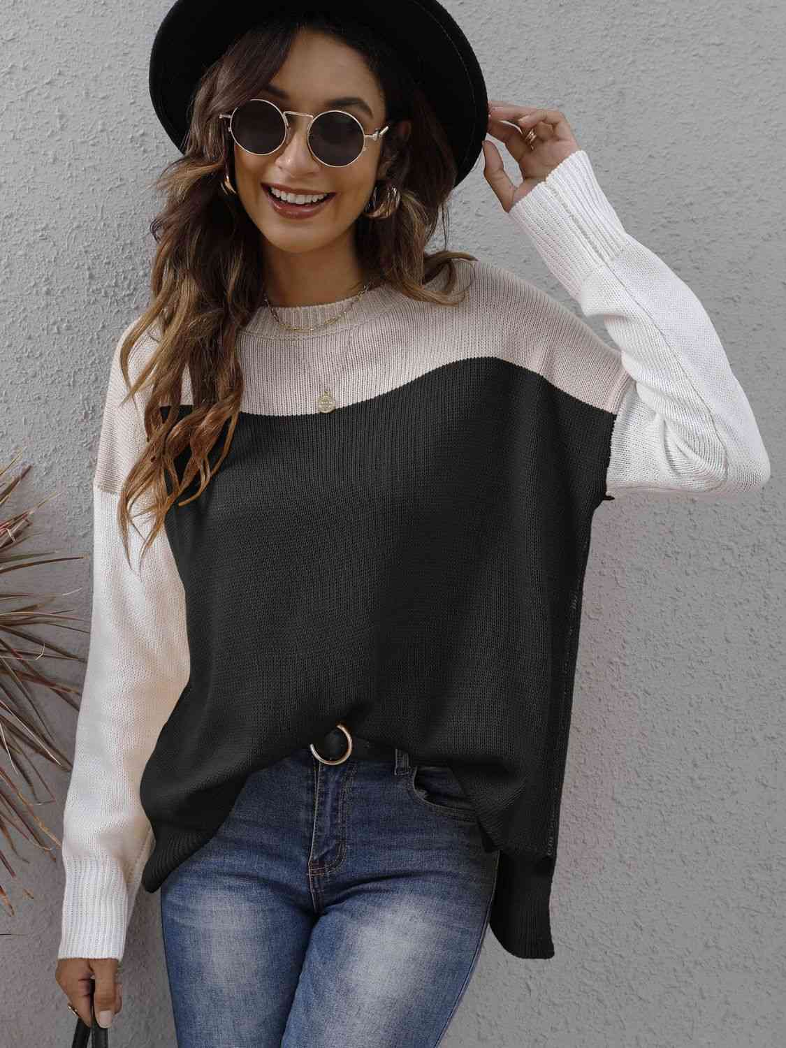 swvws Color Block Round Neck Dropped Shoulder Sweater