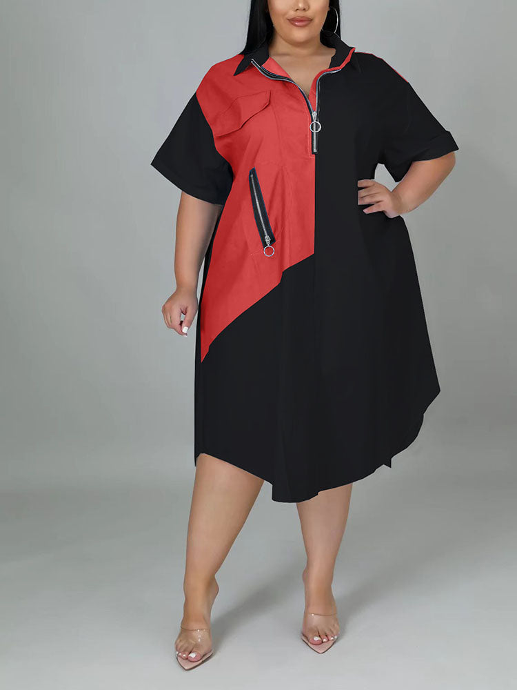 Sixsr Color Block Zip Up Shirt Dress