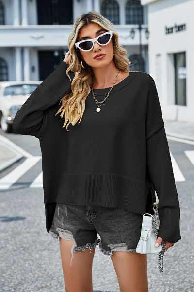 swvws High-Low Slit Round Neck Long Sleeve Sweater