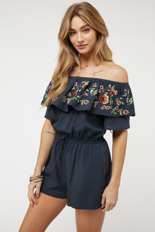 swvws Floral Embroidered Off Shoulder Romper