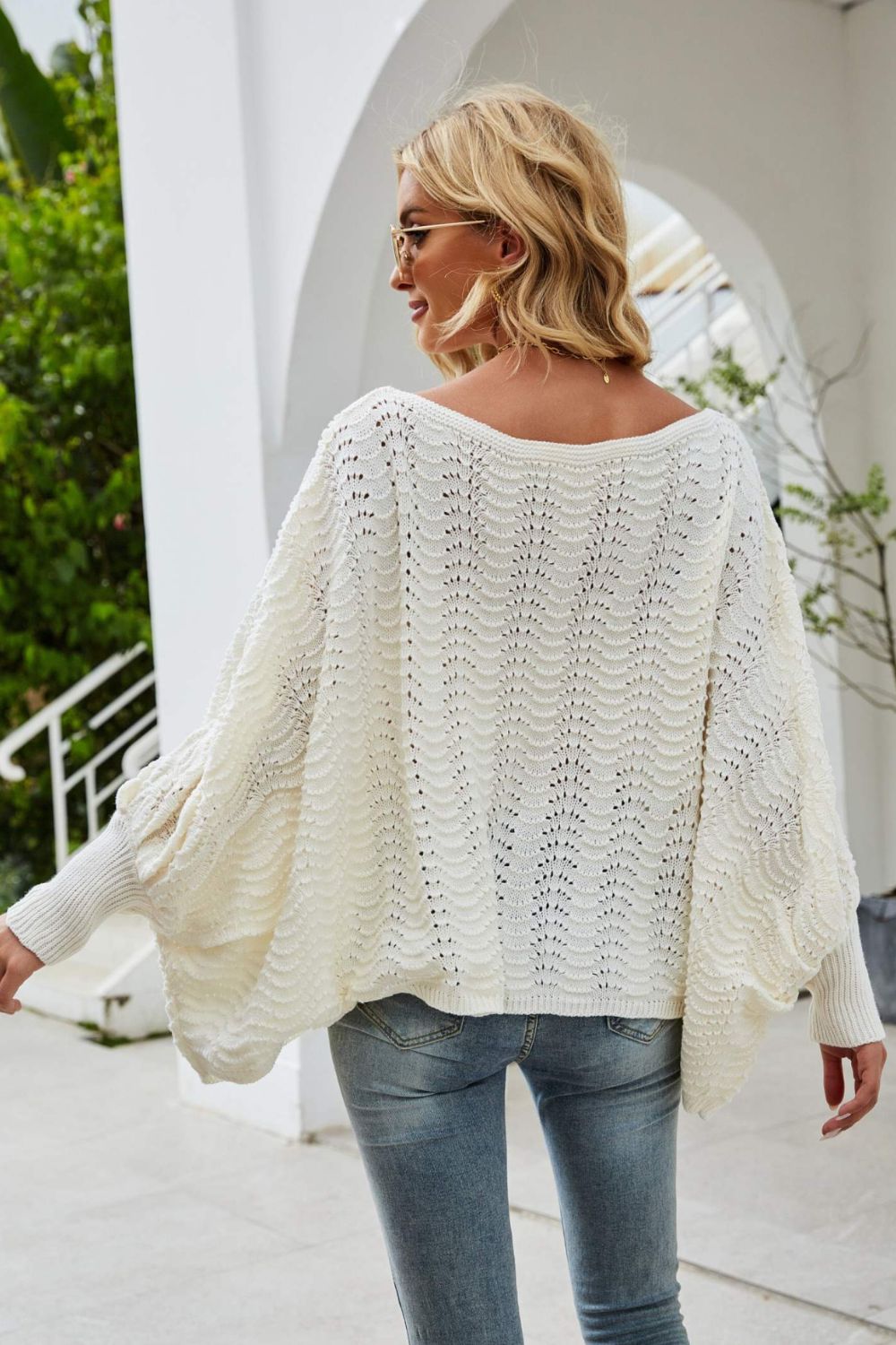 swvws Openwork Boat Neck Dolman Sleeve Sweater