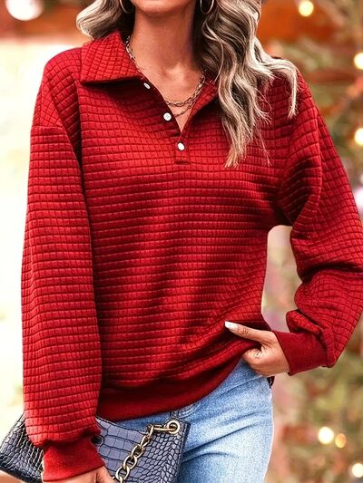 swvws Waffle-Knit Collared Neck Long Sleeve Sweatshirt