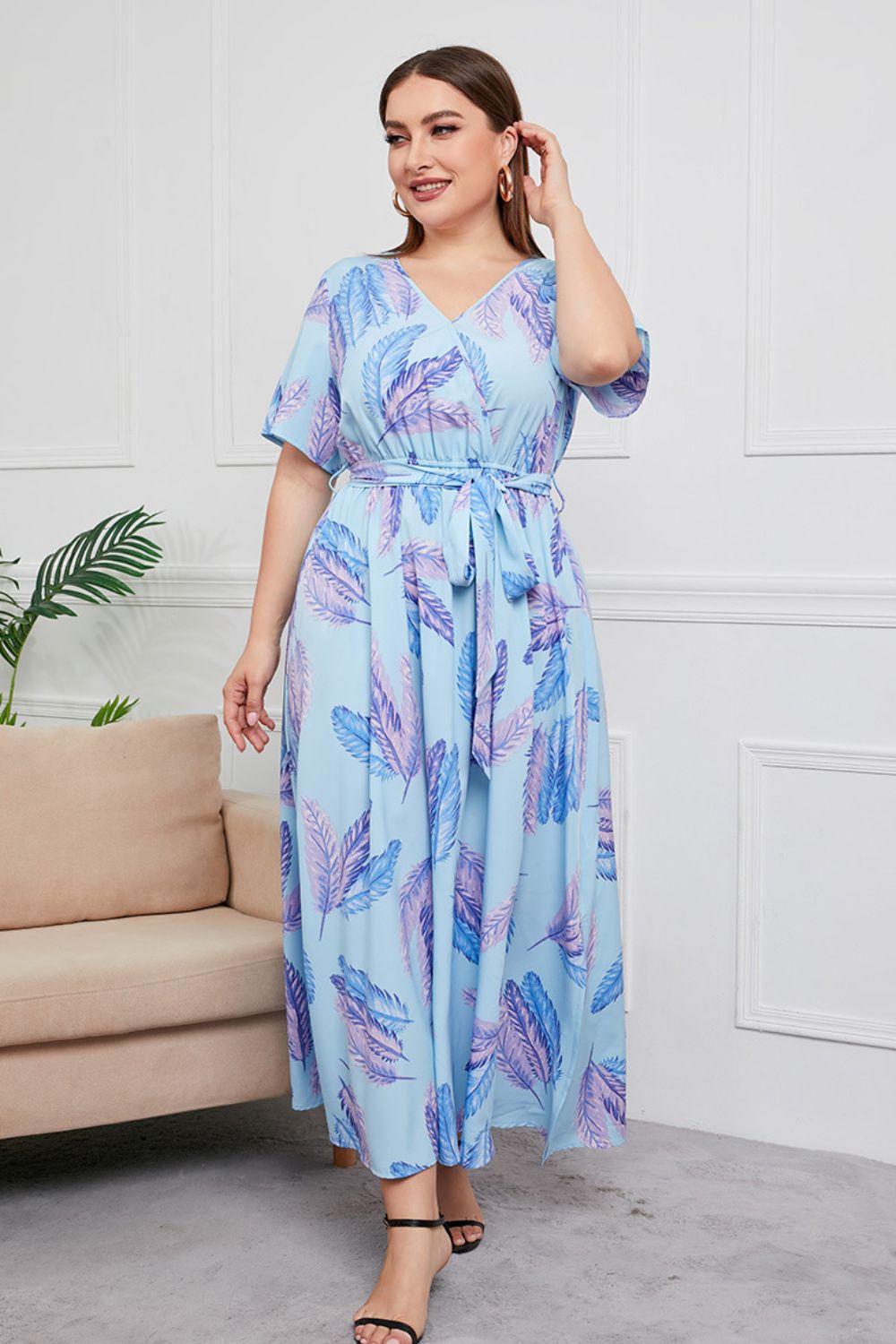 swvws Plus Size Printed Surplice Short Sleeve Maxi Dress