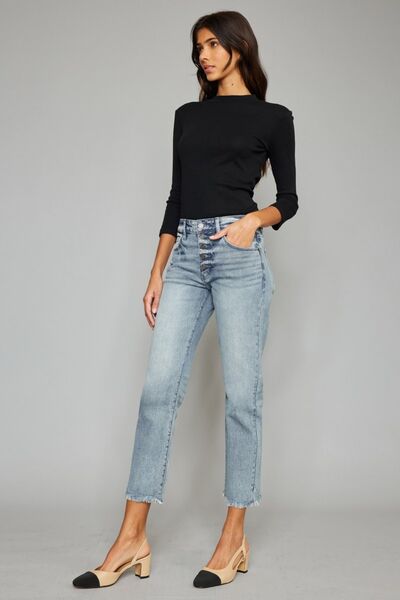 swvws Kancan High Waist Button Fly Raw Hem Cropped Straight Jeans