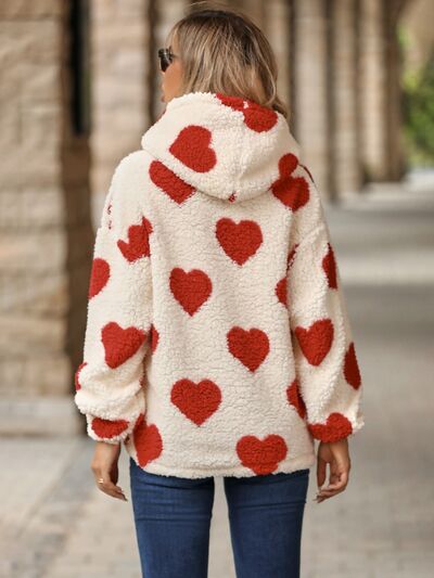 swvws Fuzzy Heart Pocketed Dropped Shoulder Hoodie