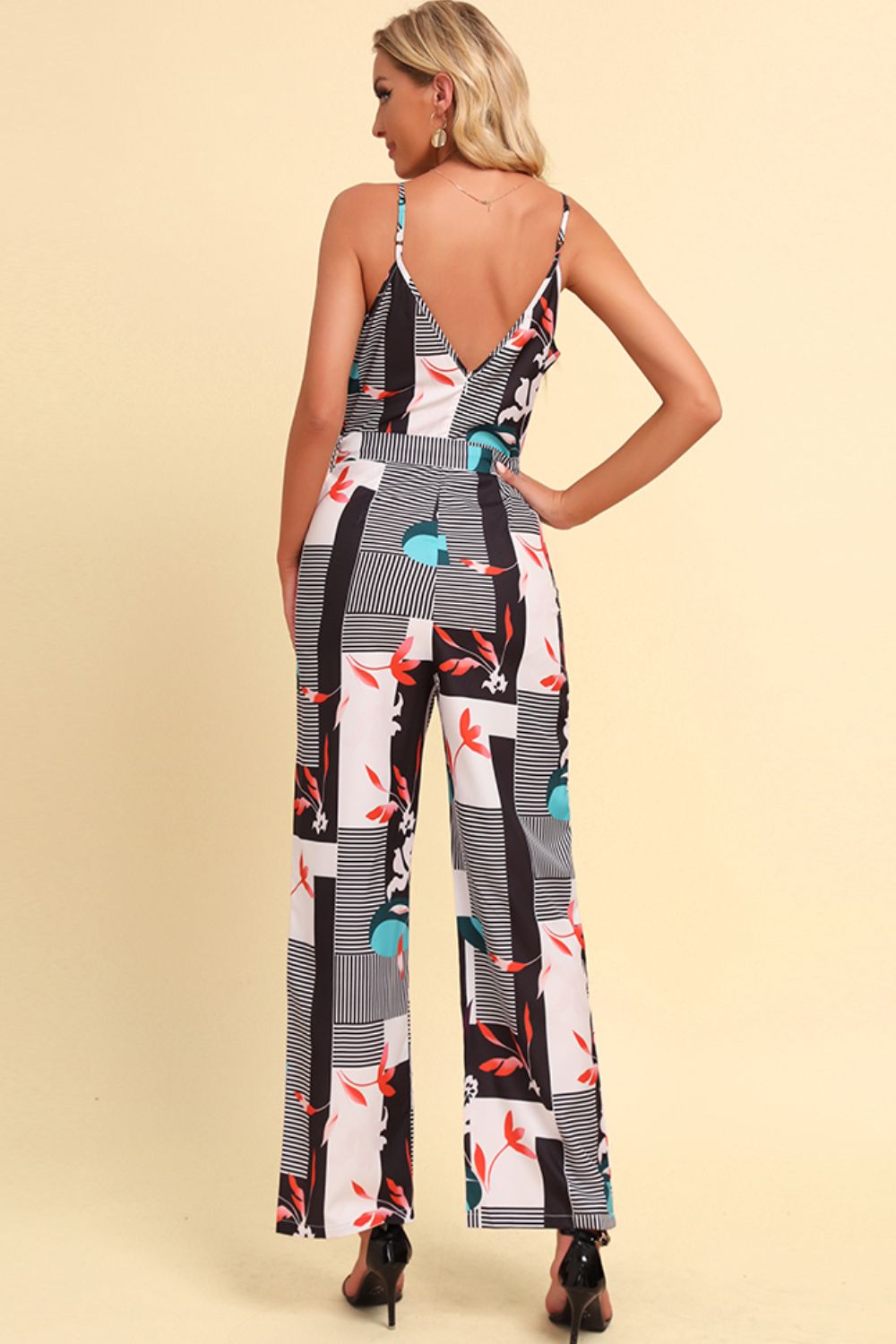 swvws Printed Spaghetti Strap Tied Jumpsuit